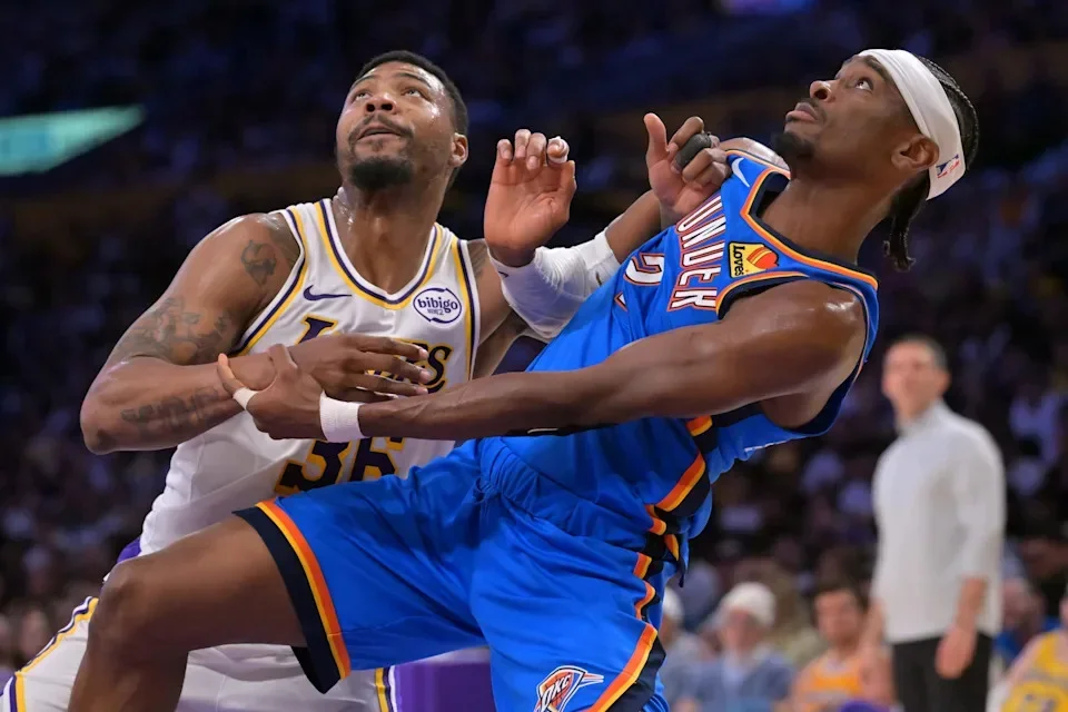 May 9, 2026; Los Angeles, California, USA; Los Angeles Lakers guard Marcus Smart (36) and Oklahoma City Thunder guard Shai Gilgeous-Alexander (2) fight for position on the court in the first half of game three of the second round of the 2026 NBA Playoffs at Crypto.com Arena. Mandatory Credit: Jayne Kamin-Oncea-Imagn Images