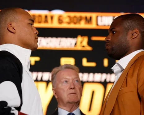 Fabio Wardley and Daniel Dubois face off while promoter Frank Warren looks on